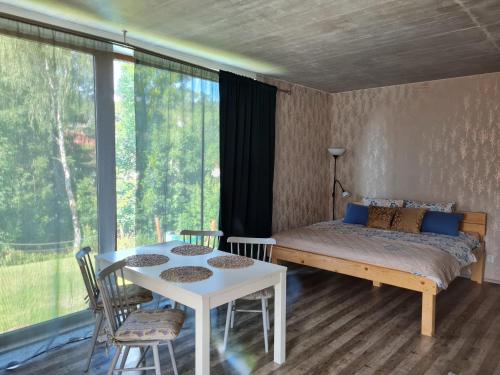 Un dormitorio con una cama y una mesa con sillas. en Apartmány Kunc, en Bedřichov