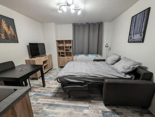 une chambre avec un lit, un bureau et une télévision dans l'établissement Chez Paulette, Studio cosy au centre ville de Gérardmer, à Gérardmer