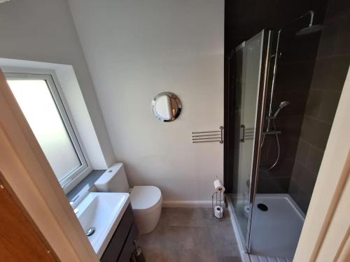 a bathroom with a shower and a toilet and a sink at The Lodge at The Elms in Keynsham