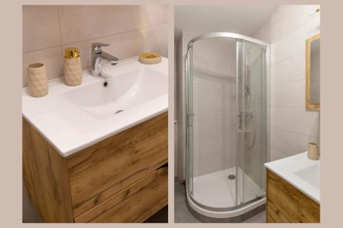 une salle de bain avec un lavabo et une douche dans l'établissement Appartement Pandore - Colmar City Center - Balcony, à Colmar