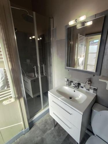 une salle de bain avec un lavabo blanc et une douche dans l'établissement Studio cosy centre historique Saint-Michel, à Bordeaux