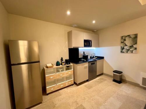 Il comprend une cuisine équipée d'un réfrigérateur en acier inoxydable. dans l'établissement Appartement au coeur du centre historique, à Aix-en-Provence