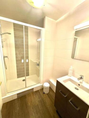 une salle de bain avec douche et lavabo dans l'établissement Serre Chevalier Chantemerle Vue Montagne, à Saint-Chaffrey