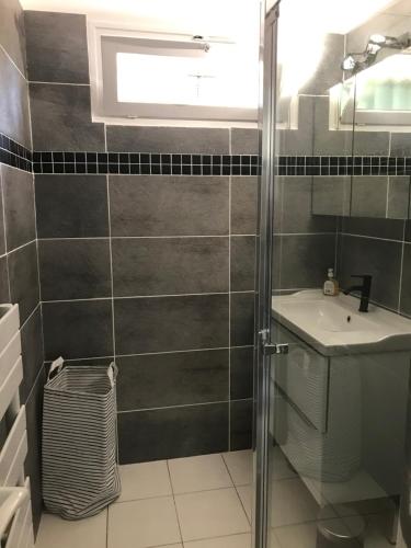 une salle de bain avec douche et lavabo dans l'établissement T3 vue mer piscine proche plage, à Bormes-les-Mimosas