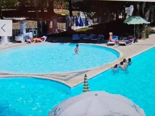 eine Gruppe von Menschen in einem großen blauen Schwimmbecken in der Unterkunft Marea Resort in Golem