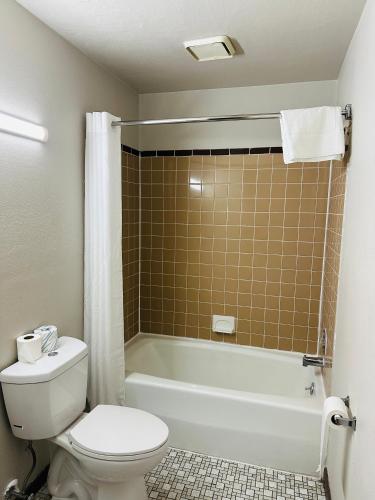 a bathroom with a toilet and a tub and a sink at The Boston Inn in Westminster