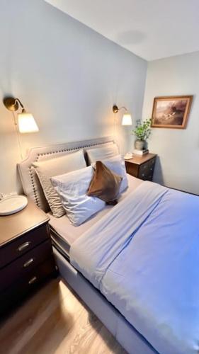 a bedroom with a large white bed with two lamps at Pézenas Centre Historique - plages à 20 mn in Pézenas