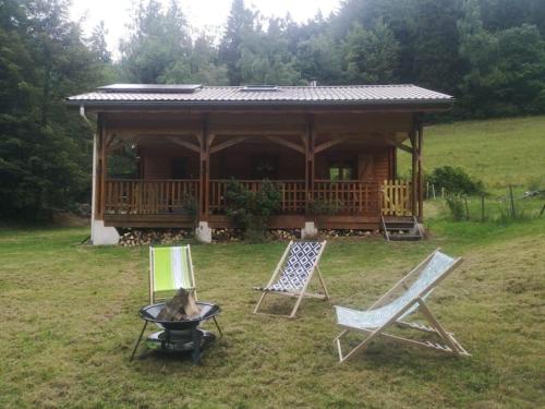 a dog sitting in a grill in front of a cabin at Chalet près de Gérardmer zone Natura 2000 in Le Tholy