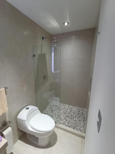 a white bathroom with a toilet and a shower at Acapulco Diamante Departamento Olimpya in Acapulco
