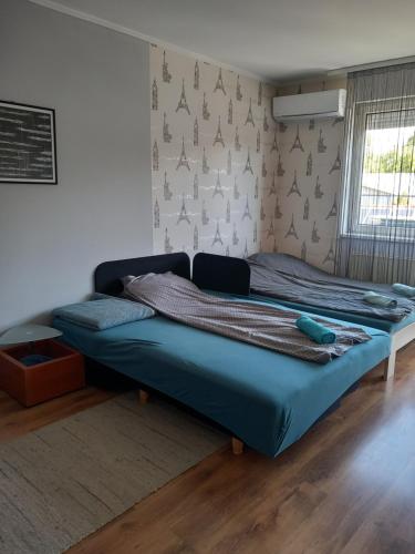 a bed in a room with a blue bed in a bedroom at Lia Apartman in Nyíregyháza