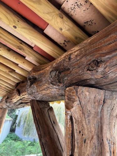 a close up of a wooden roof on a house at appartement de standing avec jacuzzi exterieur in Zonza