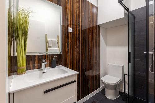 ポルトにあるBright apartment with gardenの洗面台、トイレ、鏡のあるバスルーム