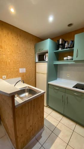 une cuisine avec des armoires vertes et un évier dans l'établissement Cottage 12B jusque 4 pers Bulle Der Lac du der, à Giffaumont