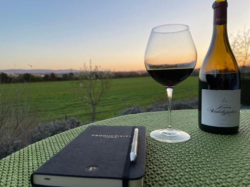 - un verre de vin assis à côté d'une bouteille de vin dans l'établissement Villa Bellevue, à Saint-Louis