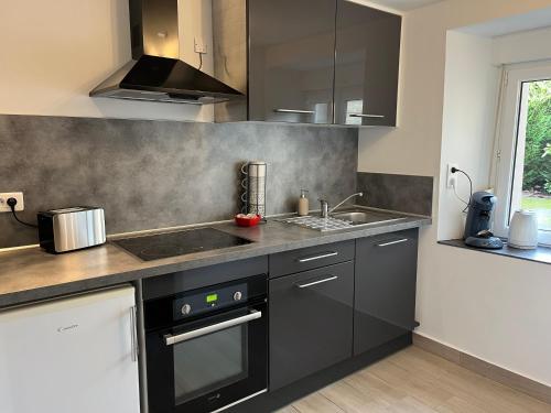 Il comprend une cuisine équipée d'une cuisinière noire et d'un évier. dans l'établissement Charmant appartement au cœur de Buhl, à Buhl