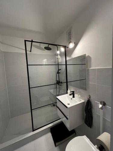 a bathroom with a toilet and a sink and a shower at K63 Appartman in Székesfehérvár