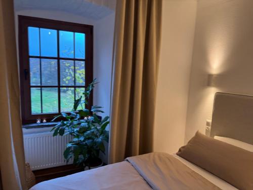 a bedroom with a bed and a window with a plant at Ferienwohnung Burg Hausen in Heimbach