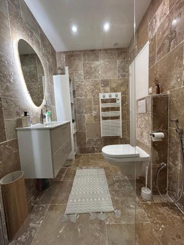 une salle de bains avec lavabo, toilettes et miroir dans l'établissement YOUSRA Appartement, à Poitiers