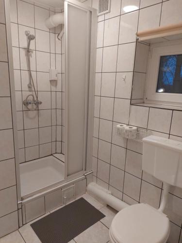 a white bathroom with a shower and a toilet at Zajazd Ustronie in Piaseczno