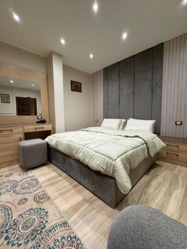 a bedroom with a large bed and a chair at Rihana pyramids hotel in Cairo