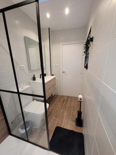 Un baño con inodoro, lavabo y espejo. en Casa Yaya, en Costa Calma