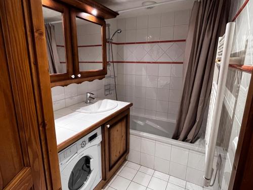 une salle de bain avec une machine à laver et un lavabo dans l'établissement L'OURSON 1er, à Cohennoz