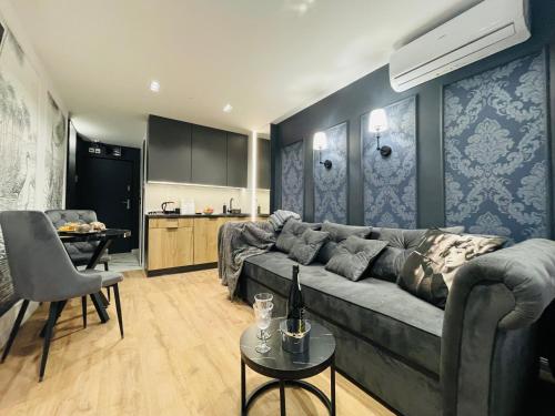 a living room with a couch and a kitchen at CTS Apartament CZARNA PERŁA in Ustroń