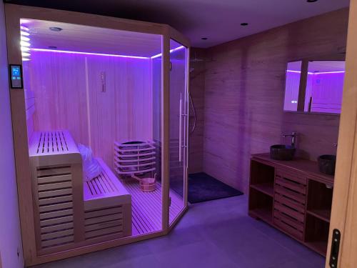a bathroom with a shower with purple lights at La Biche in Saint-Martin-sur-le-Chambre