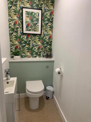 a bathroom with a toilet and a picture on the wall at Harbour Haven in Berwick-Upon-Tweed