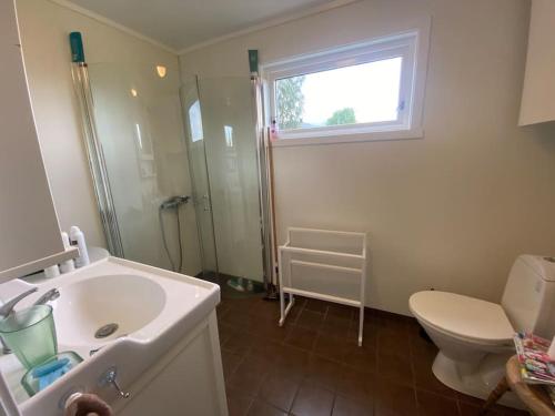 Un baño con lavabo, inodoro y ventana. en Norwegian house, en Hestnes