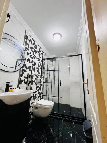 a black and white bathroom with a toilet and a sink at Pembe Köşk Old City Center in Istanbul