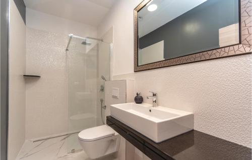 a bathroom with a sink and a toilet and a mirror at Holiday Home Zuljana 21 in Žuljana