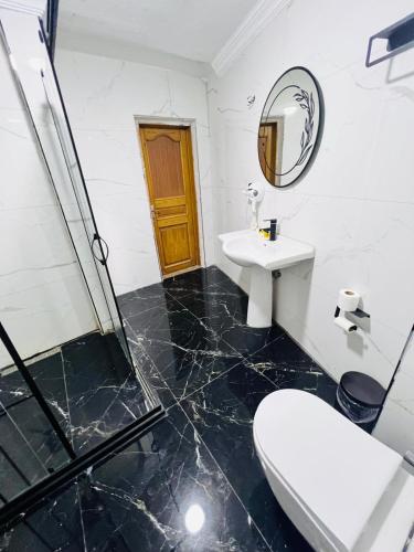 a bathroom with a sink and a toilet and a shower at Pembe Köşk Old City Center in Istanbul