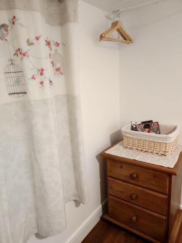 a bathroom with a shower curtain and a wooden dresser at Brookfield in Malmesbury