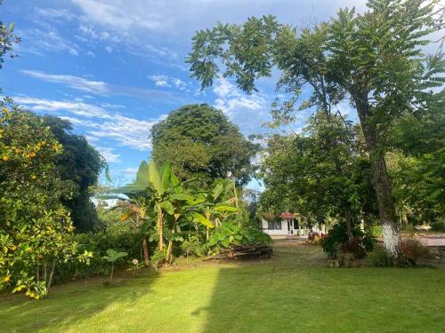 a yard with green grass and trees and a blue sky at Finca Villa Rosita Guamal - Meta in Guamal