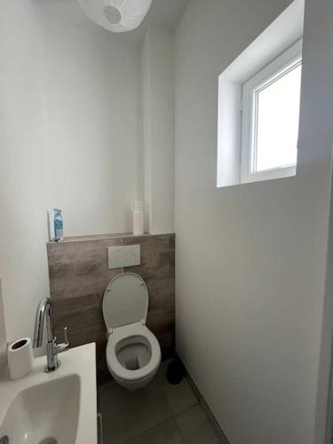 une salle de bain avec toilettes, lavabo et fenêtre dans l'établissement Le spacieux et sa terrasse, à Vichy