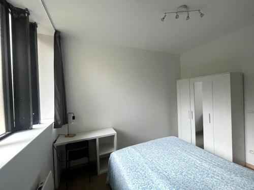 une chambre blanche avec un lit et une fenêtre dans l'établissement Le spacieux et sa terrasse, à Vichy