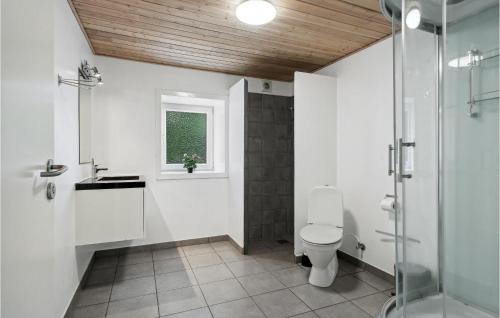a bathroom with a toilet and a shower and a sink at 7 Bedroom Stunning Home In Sønder Omme in Sønder Omme