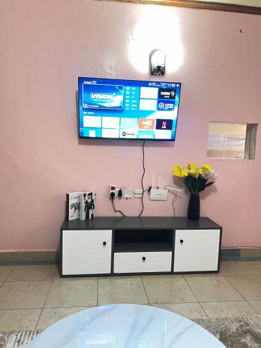 a tv on a pink wall with a television on it at Kipepeo Cozy 1br Skuta-Nyeri in Nyeri
