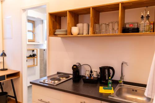 a kitchen with a sink and a counter top at dreamcation Altstadthotel Regensburg, Mikro Apartments mit Küche in Regensburg
