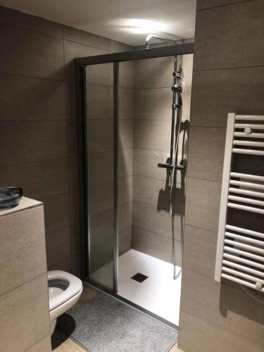 une cabine de douche dans une salle de bain avec toilettes dans l'établissement Résidence Le Ridge - RIDGE 100 MAE-5021, à Arc 1600
