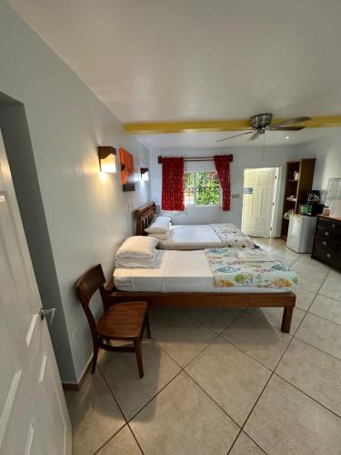 a bedroom with a large bed and a chair at All Seasons Belize in Hopkins