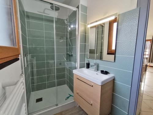 W łazience znajduje się prysznic, umywalka i lustro. w obiekcie Le Louchonnais, T2, wifi, 4 personnes w mieście Luchon