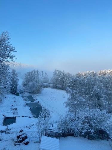 a winter view of a river with snow on the ground at Ferienwohnung Burg Hausen in Heimbach