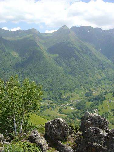 a view of a mountain valley with a tree and rocks at Les Rochers in Saint-Savin