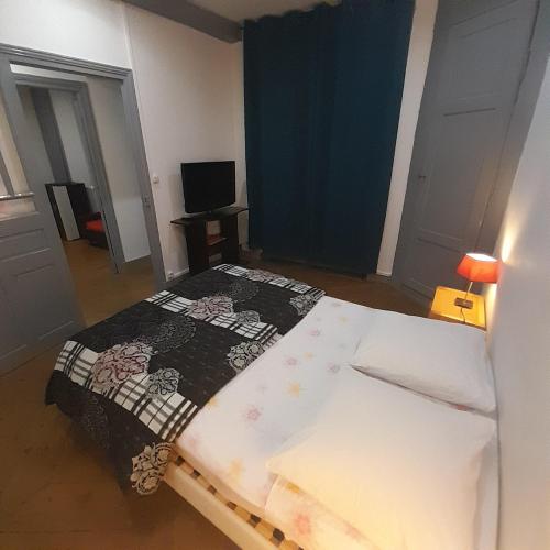 Cette chambre comprend 2 lits et une télévision. dans l'établissement La Hall, à Thiers