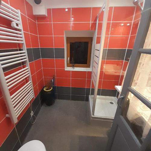 La salle de bains est pourvue de toilettes et d'un mur rouge. dans l'établissement La Hall, à Thiers