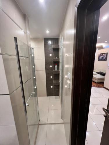 a shower with a glass door in a bathroom at Apartament Dona, Topazowa 4 in Lublin