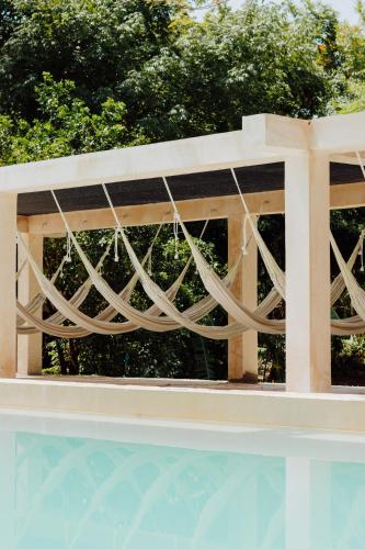 a swimming pool with a white rope around a window at Hacienda Cenote San Ignacio in Chocholá