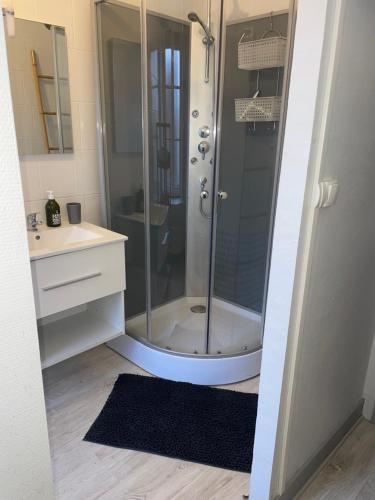 a bathroom with a shower with a sink and a mirror at Appartement meublé - 2 Chambres in Montbard